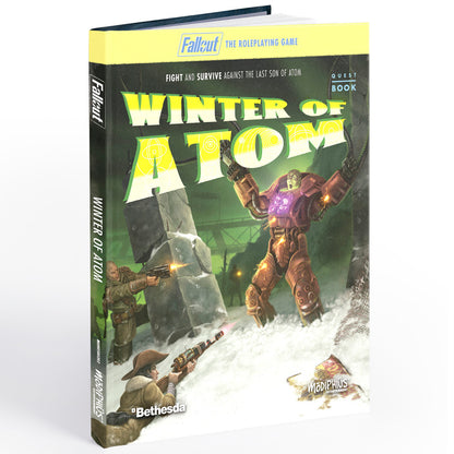 Fallout: The Roleplaying Game - Winter of Atom Quest Book cover showing armored characters and soldiers in a snowy post-apocalyptic landscape