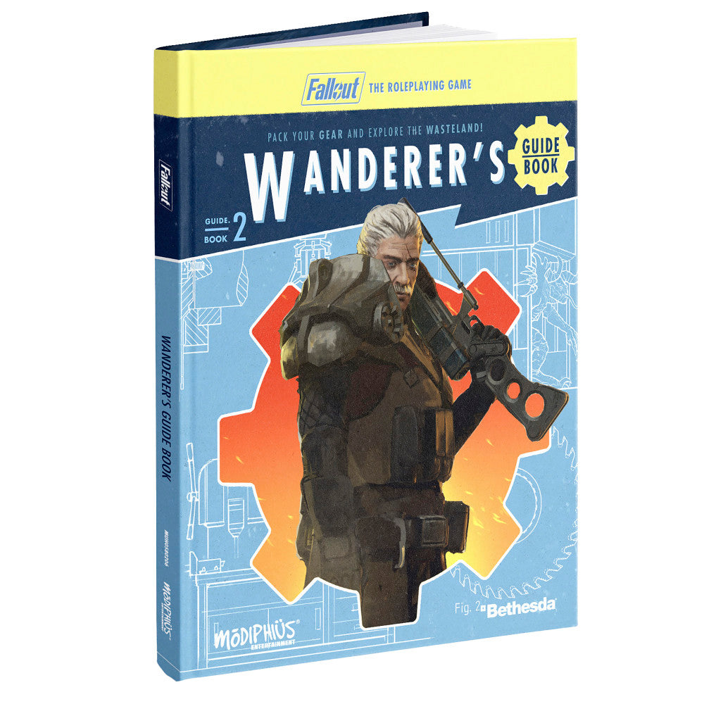 Fallout: The Roleplaying Game Wanderer's Guide Book 2, hardcover with yellow and blue cover featuring armed character in wasteland gear