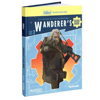 Fallout: The Roleplaying Game Wanderer's Guide Book 2, hardcover with yellow and blue cover featuring armed character in wasteland gear