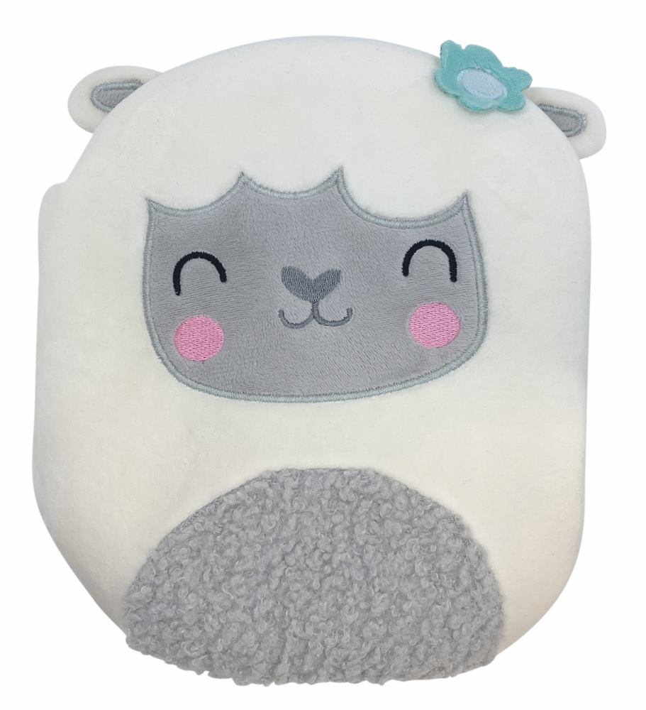 White plush lamb with gray face, closed smiling eyes, pink cheeks, small ears, and textured gray wool body, with turquoise flower hair clip