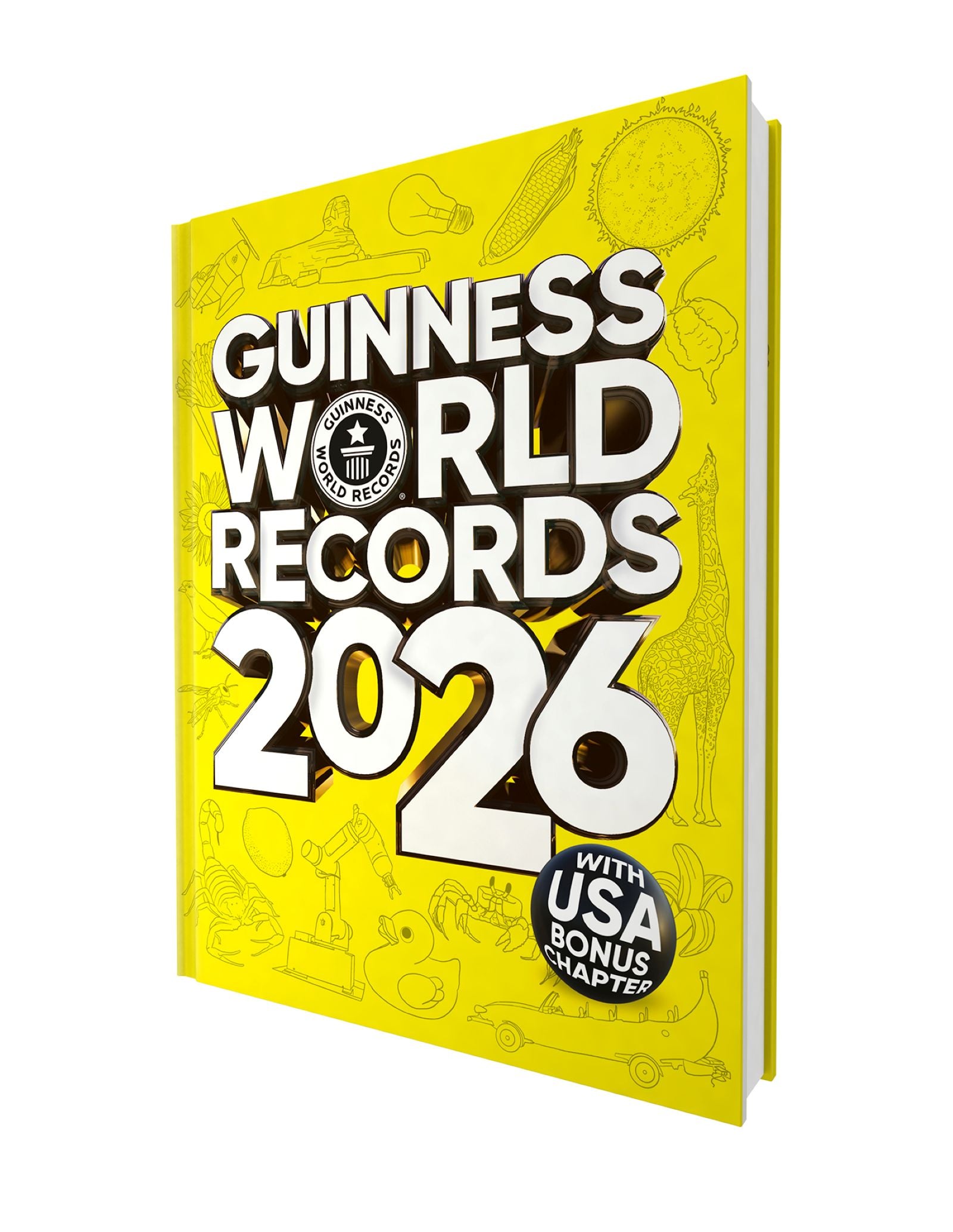 Guinness World Records 2026 hardcover book with bright yellow cover featuring illustrated icons and white text, with USA bonus chapter badge