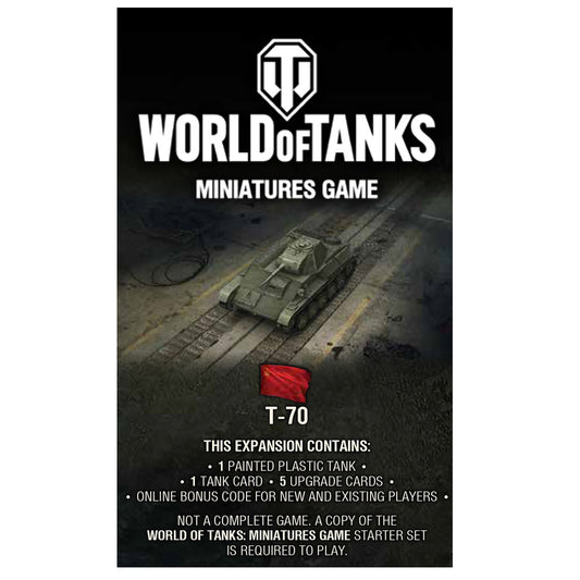 World of Tanks Miniatures Game T-70 expansion box featuring Soviet tank on textured background, includes 1 painted plastic tank, 1 tank card, 5 upgrade cards, a