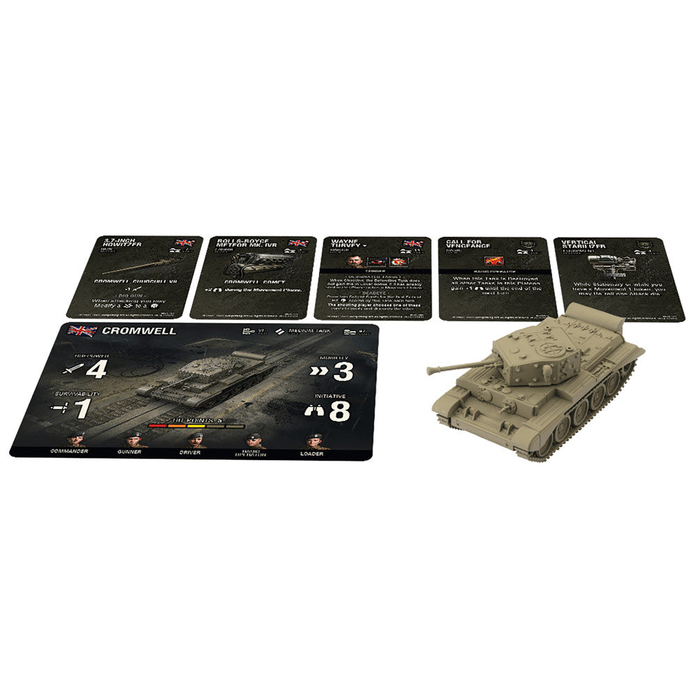 World of Tanks British Cromwell tank miniature game components including tan-colored tank model, game board card labeled Cromwell with stats, and five ability c