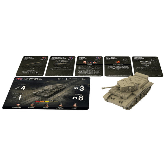 World of Tanks British Cromwell tank miniature game components including tan-colored tank model, game board card labeled Cromwell with stats, and five ability c