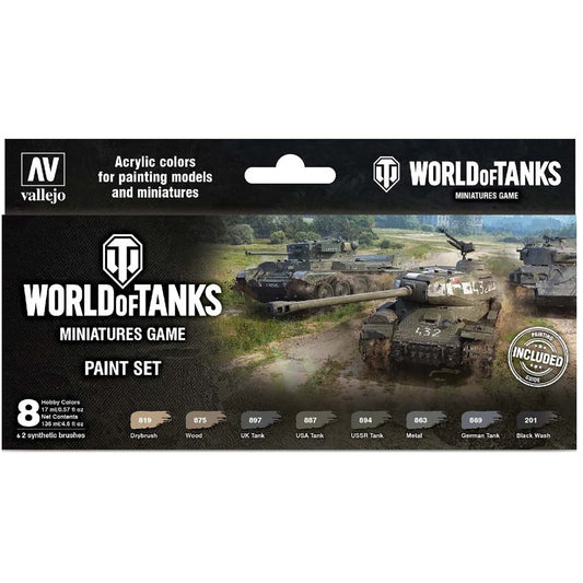 World of Tanks Miniatures Game Paint Set by Vallejo, featuring 8 acrylic colors and 2 brushes with tank battlefield scene