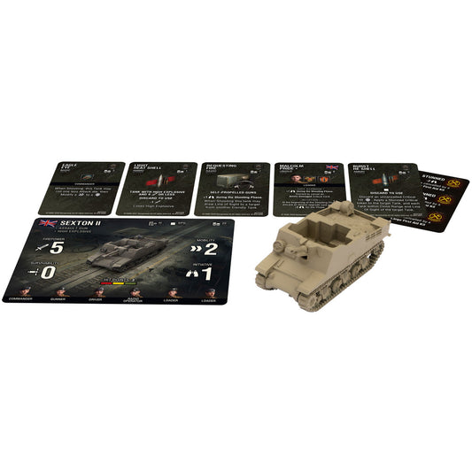World of Tanks Sexton II Expansion set with tan plastic tank model, game cards with vehicle stats and abilities, and a Sexton II stat card showing firepower, mo