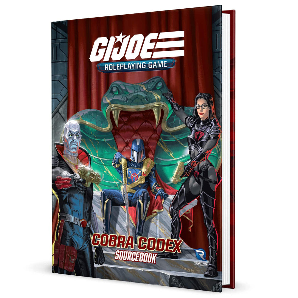 G.I. JOE Roleplaying Game Cobra Codex Sourcebook cover featuring military action characters and a large green cobra villain against a red curtain background