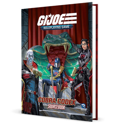 G.I. JOE Roleplaying Game Cobra Codex Sourcebook cover featuring military action characters and a large green cobra villain against a red curtain background