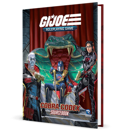 G.I. JOE Roleplaying Game Cobra Codex Sourcebook cover featuring military action characters and a large green cobra villain against a red curtain background