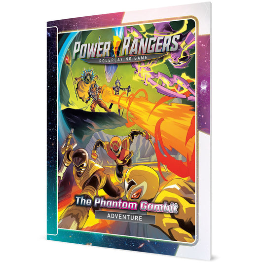 Power Rangers Roleplaying Game: The Phantom Gambit Adventure book cover featuring colorful ranger characters in action poses with yellow and purple energy effec