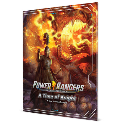Power Rangers Roleplaying Game: A Time of Knight box cover featuring a knight in armor facing a fiery dragon in a medieval fantasy setting