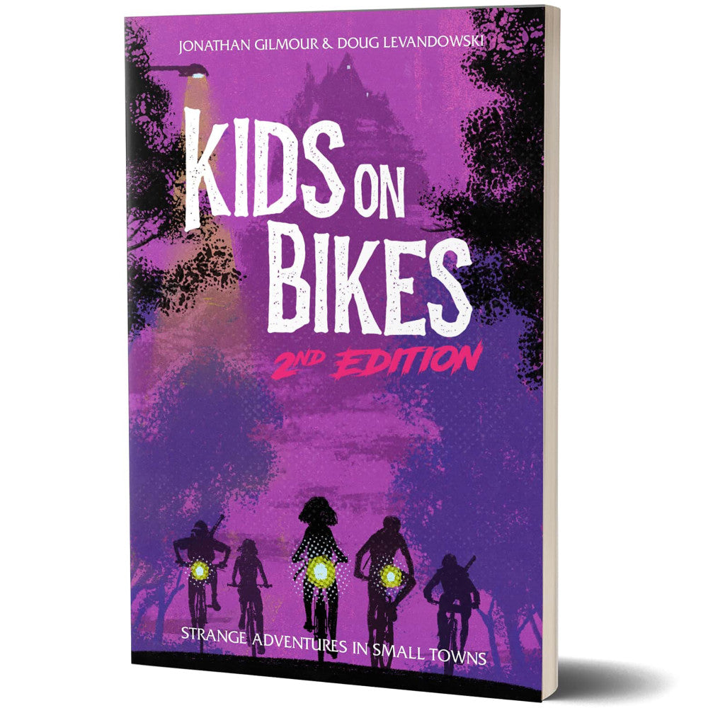 Kids on Bikes Core Rulebook 2nd Edition book cover with purple background, silhouettes of children on bikes with glowing lights, authors Jonathan Gilmour and Do
