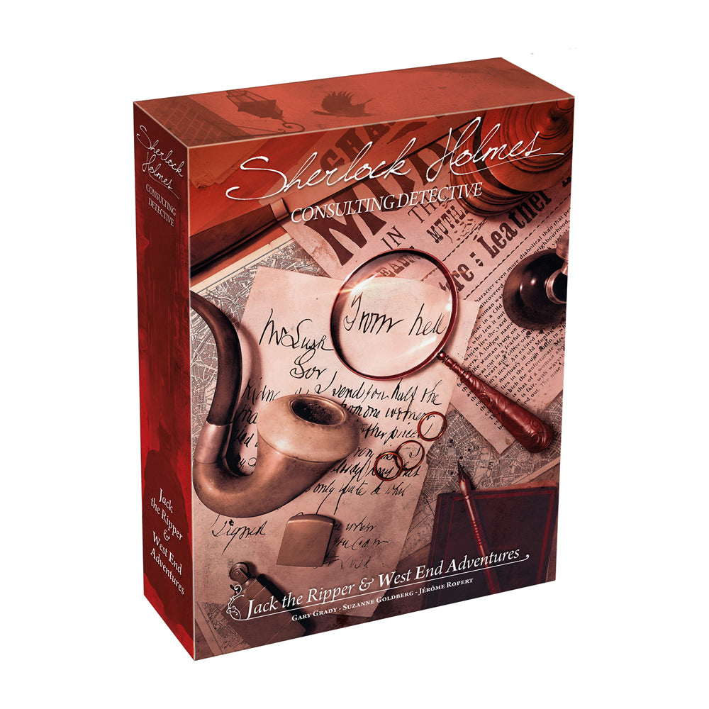 Sherlock Holmes Consulting Detective: Jack the Ripper & West End Adventures board game box featuring a magnifying glass, pipe, and handwritten notes on a red ba