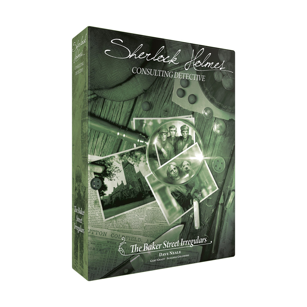 Sherlock Holmes Consulting Detective: The Baker Street Irregulars board game box featuring a green-toned detective theme with magnifying glass, vintage photogra