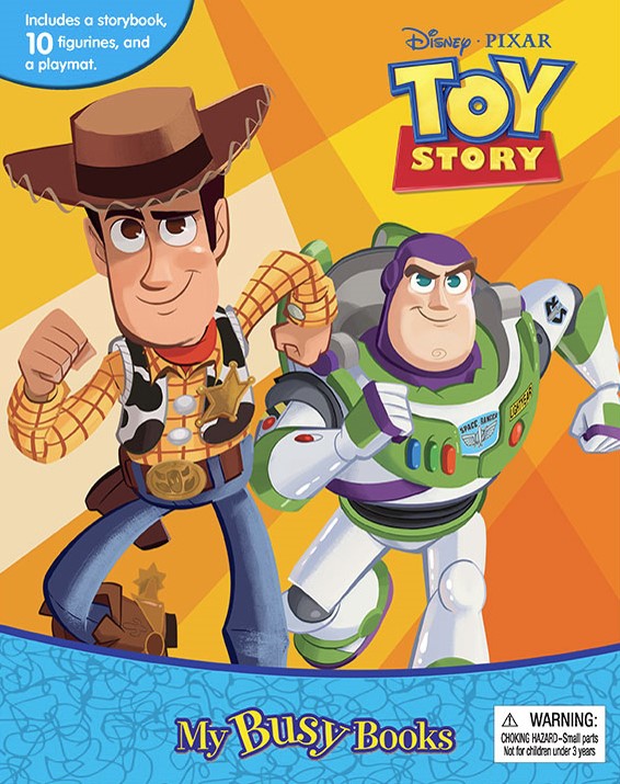 Toy Story My Busy Books storybook playset featuring Woody and Buzz Lightyear characters on yellow and orange background with blue banner text