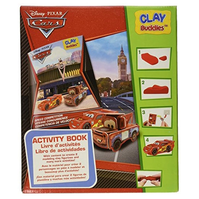 Disney Pixar Cars Clay Buddies Starter Kit box showing modeling clay activity set with instruction steps and Lightning McQueen car character