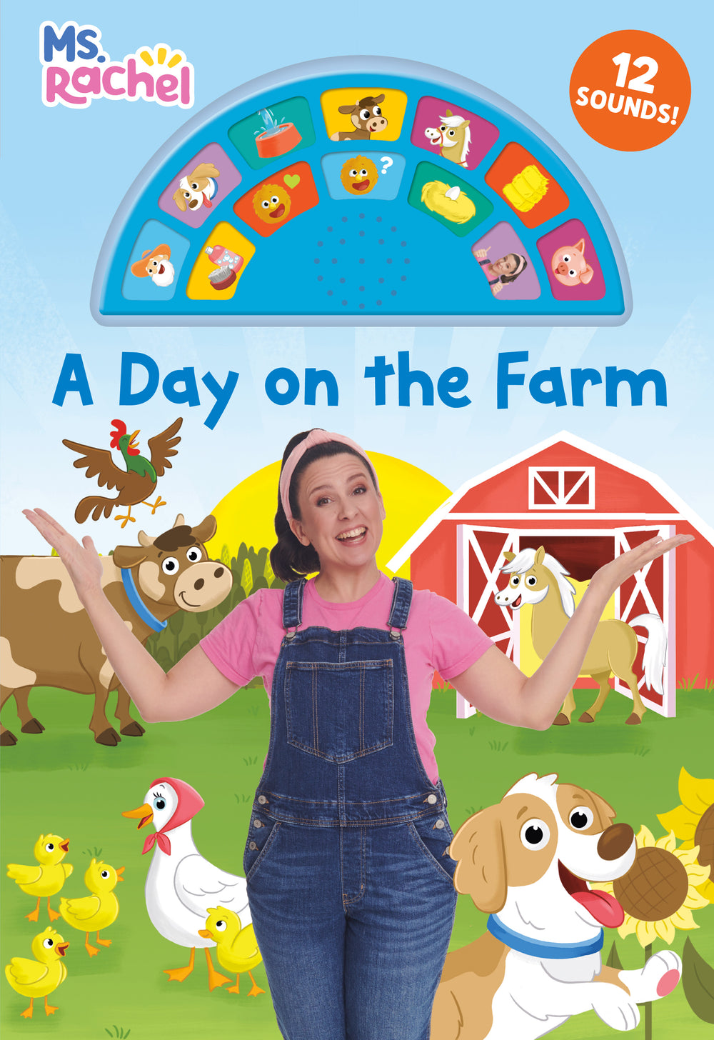 Ms. Rachel's Day on the Farm interactive sound book cover showing Ms. Rachel on model with farm animals including a cow, rooster, goat, ducks, and dog, with a r