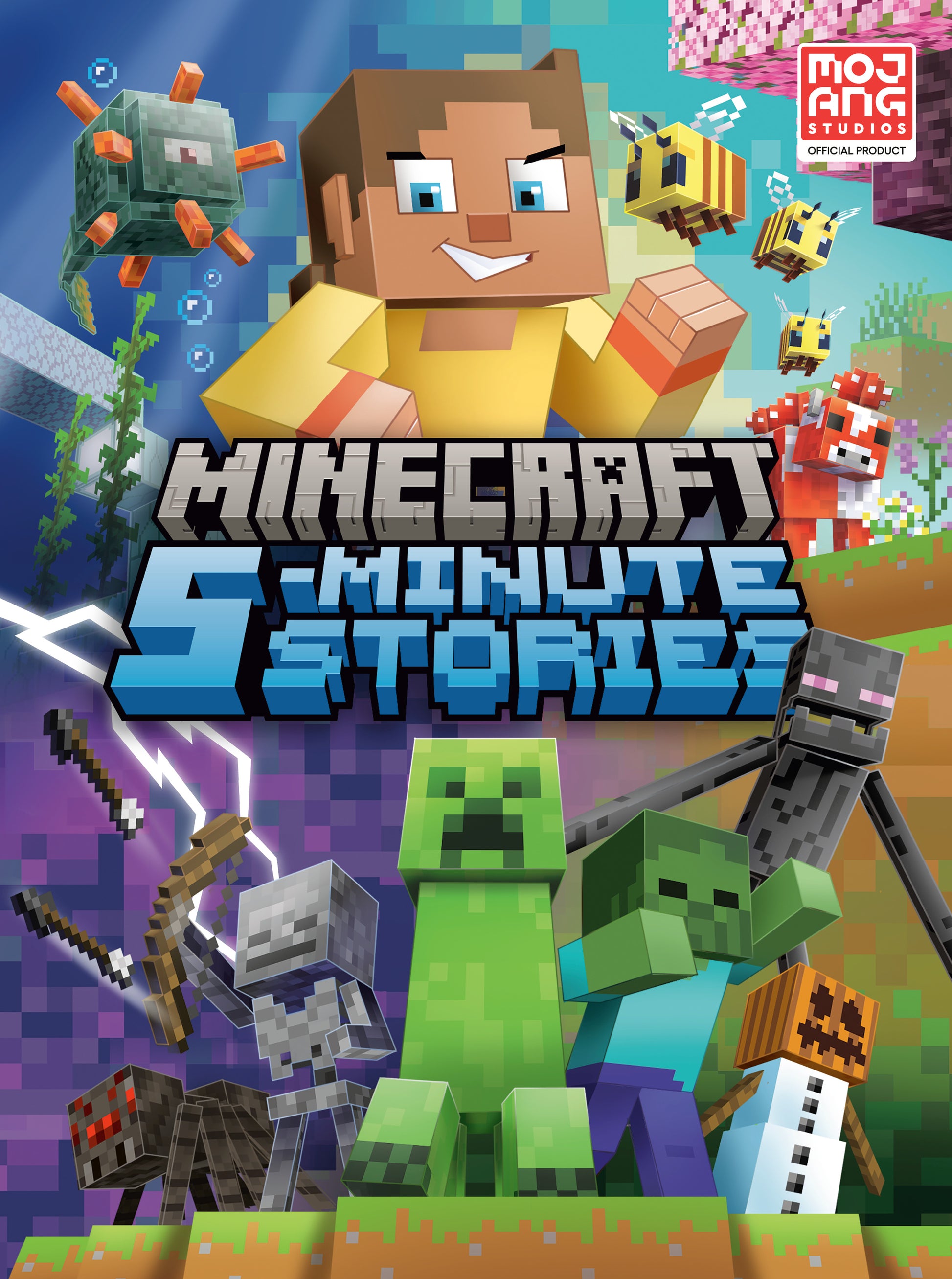 Minecraft 5-Minute Stories book cover featuring pixelated Steve character in yellow shirt, green Creeper mob, and various Minecraft elements including tools, an