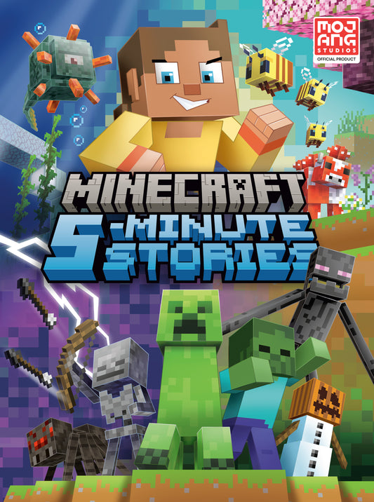 Minecraft 5-Minute Stories book cover featuring pixelated Steve character in yellow shirt, green Creeper mob, and various Minecraft elements including tools, an