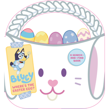 Bluey: Where's the Easter Egg? basket-shaped board book with woven handle, colorful eggs on top shelf, and search-and-find sticker on cover