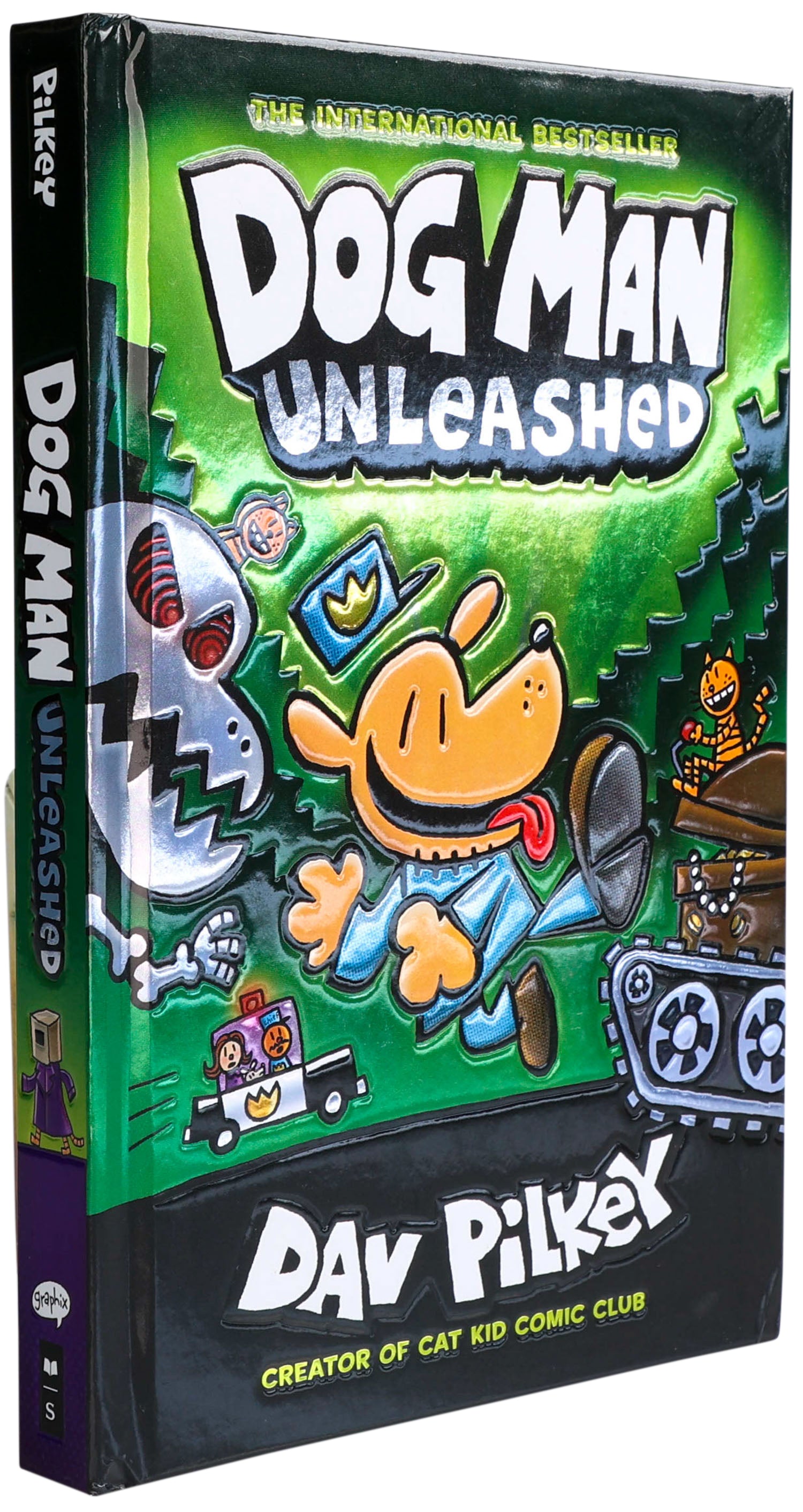 Dog Man Unleashed book with foil cover by Dav Pilkey, featuring yellow dog character and green design