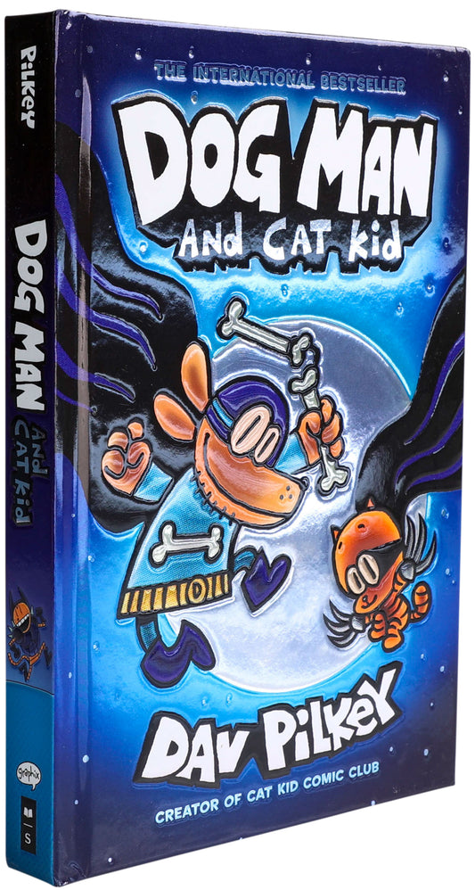 Dog Man and Cat Kid foil cover book by Dav Pilkey with blue and orange illustrated characters
