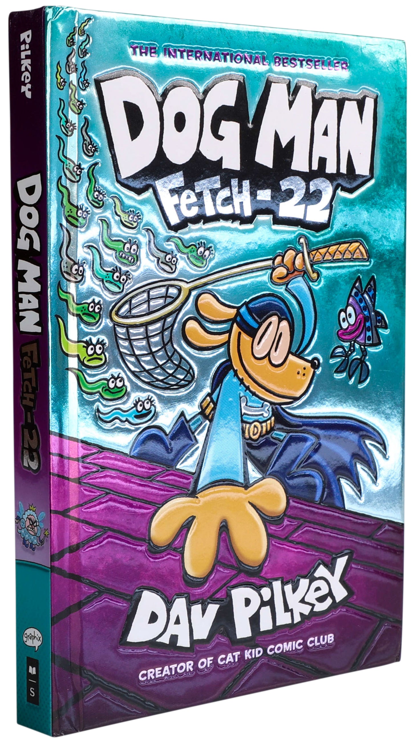Dog Man Fetch-22 foil cover book by Dav Pilkey with turquoise and purple design