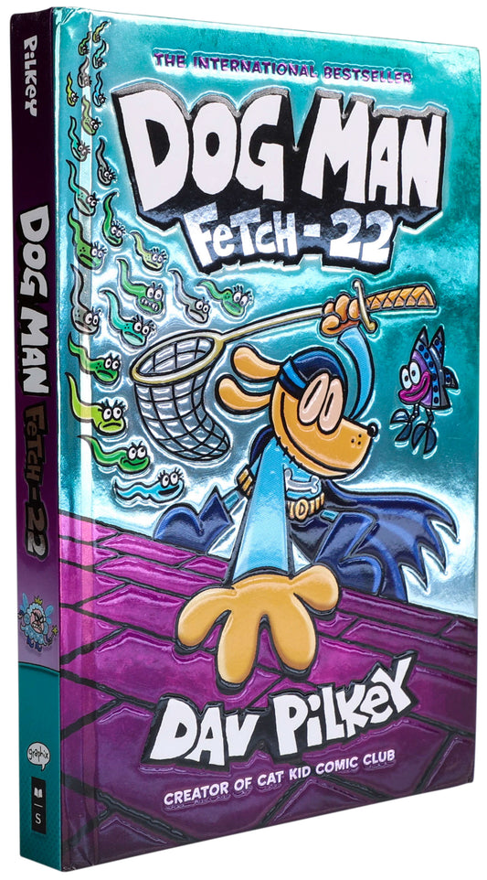 Dog Man Fetch-22 foil cover book by Dav Pilkey with turquoise and purple design