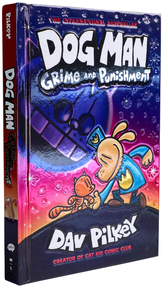 Dog Man Grime and Punishment foil cover book by Dav Pilkey with colorful blue and pink gradient design