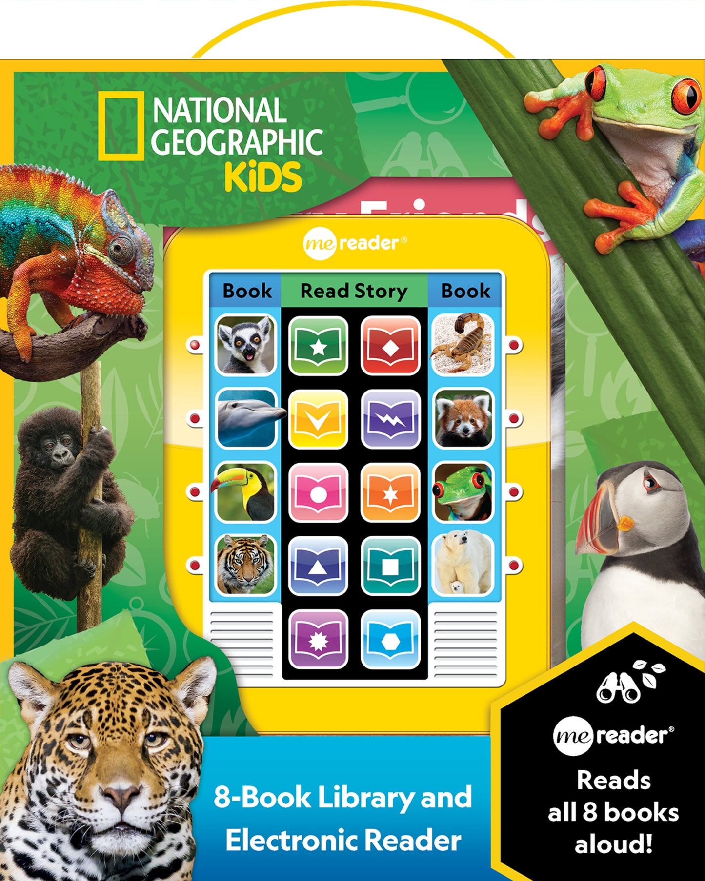 National Geographic Kids me reader electronic device with yellow case displaying grid of animal and book icons, surrounded by colorful wildlife images including