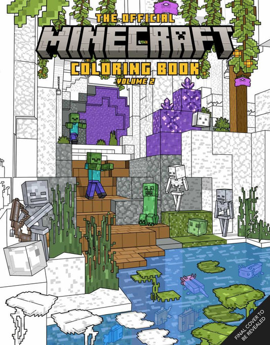 THE OFFICIAL MINECRAFT COLORING BOOK VOLUME 2 cover featuring pixel-art style scenes with characters, mobs, and landscape elements in greens, purples, blues, an