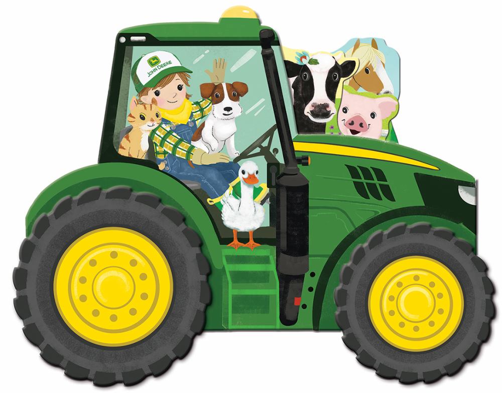 Green tractor with yellow wheels shaped like a board book, featuring a child driver with farm animals including a cat, dog, duck, cow, and pig