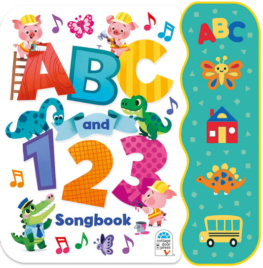ABC and 123 Songbook board book cover featuring colorful illustrated pigs, dinosaur, frog, and butterfly with large alphabet letters and numbers, plus a teal-gr