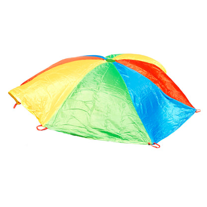 Rainbow-colored parachute with yellow, red, orange, green, and blue panels and red handles on plain background