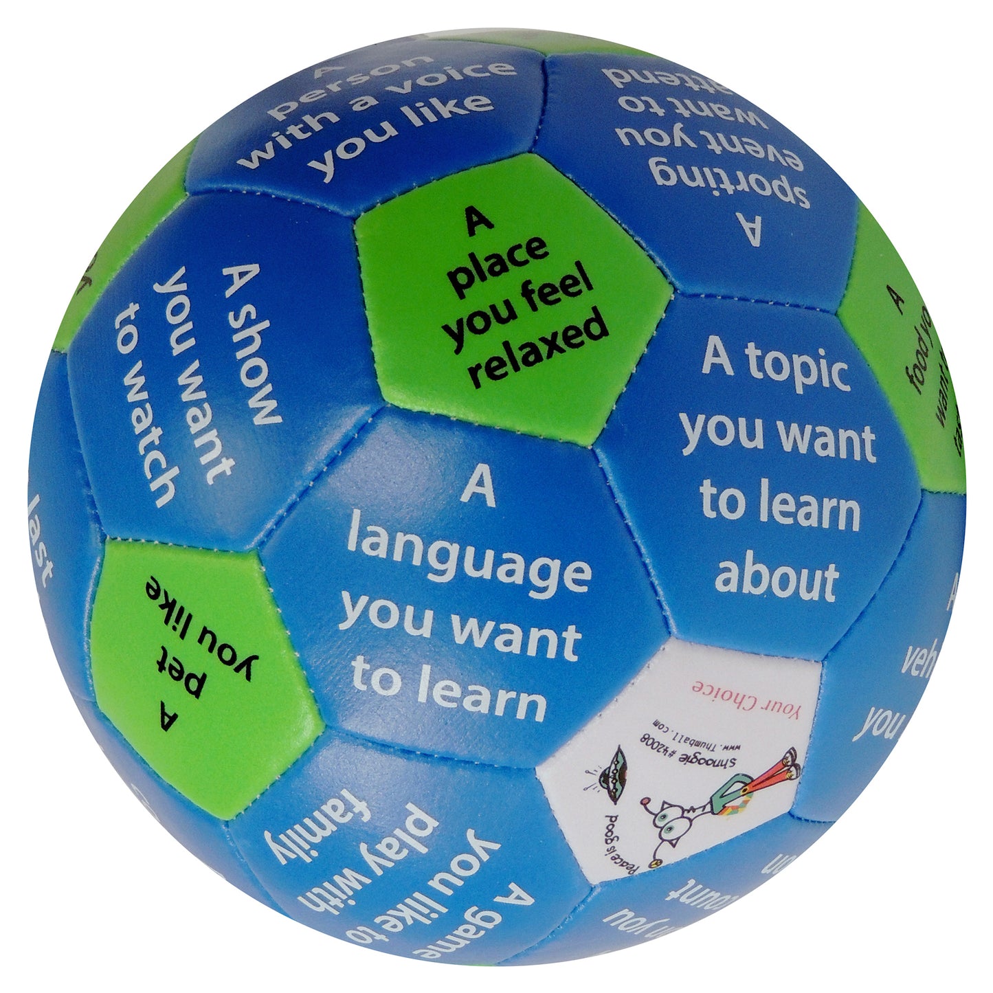 Blue and green plush ball with printed prompts including 'A place you feel relaxed', 'A topic you want to learn about', and 'A language you want to learn'