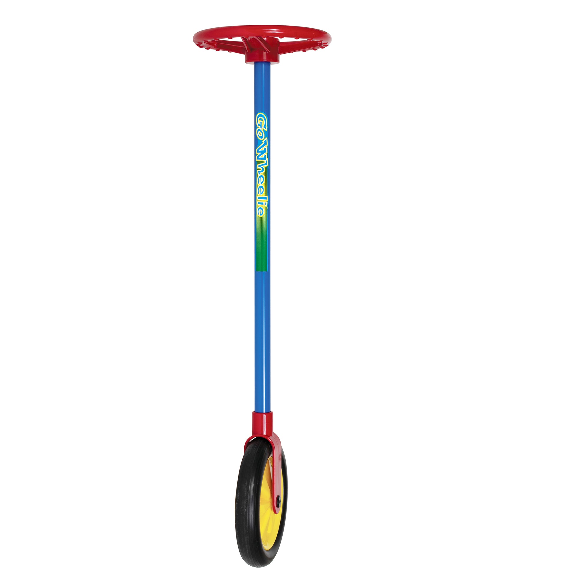 edxeducation Go Wheelie ride-on toy with red handlebar, blue stem, and yellow wheel