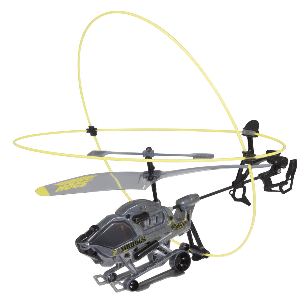 Air Hogs Radio Control Heli Cage helicopter with yellow protective cage frame and gray body with black accents