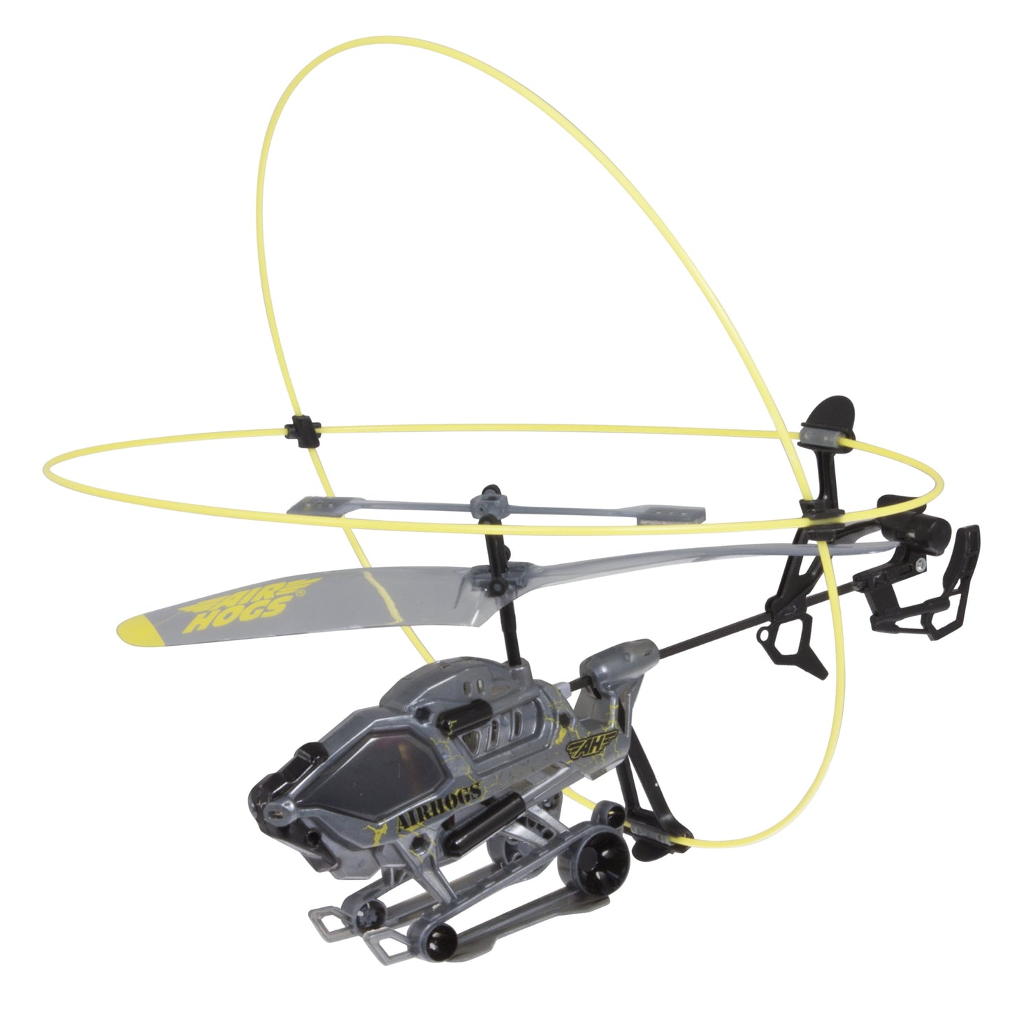 Air Hogs Radio Control Heli Cage helicopter with yellow protective cage frame and gray body with black accents