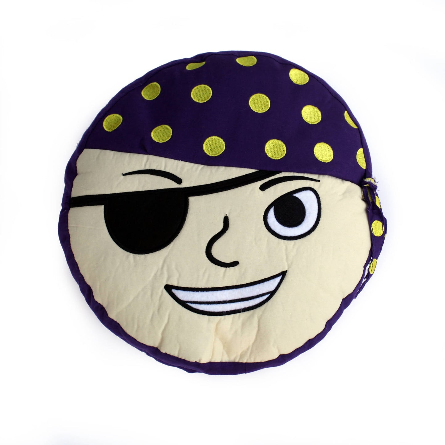 Round plush pirate character with purple polka-dot bandana, cream face, black eye patch, and wide smile