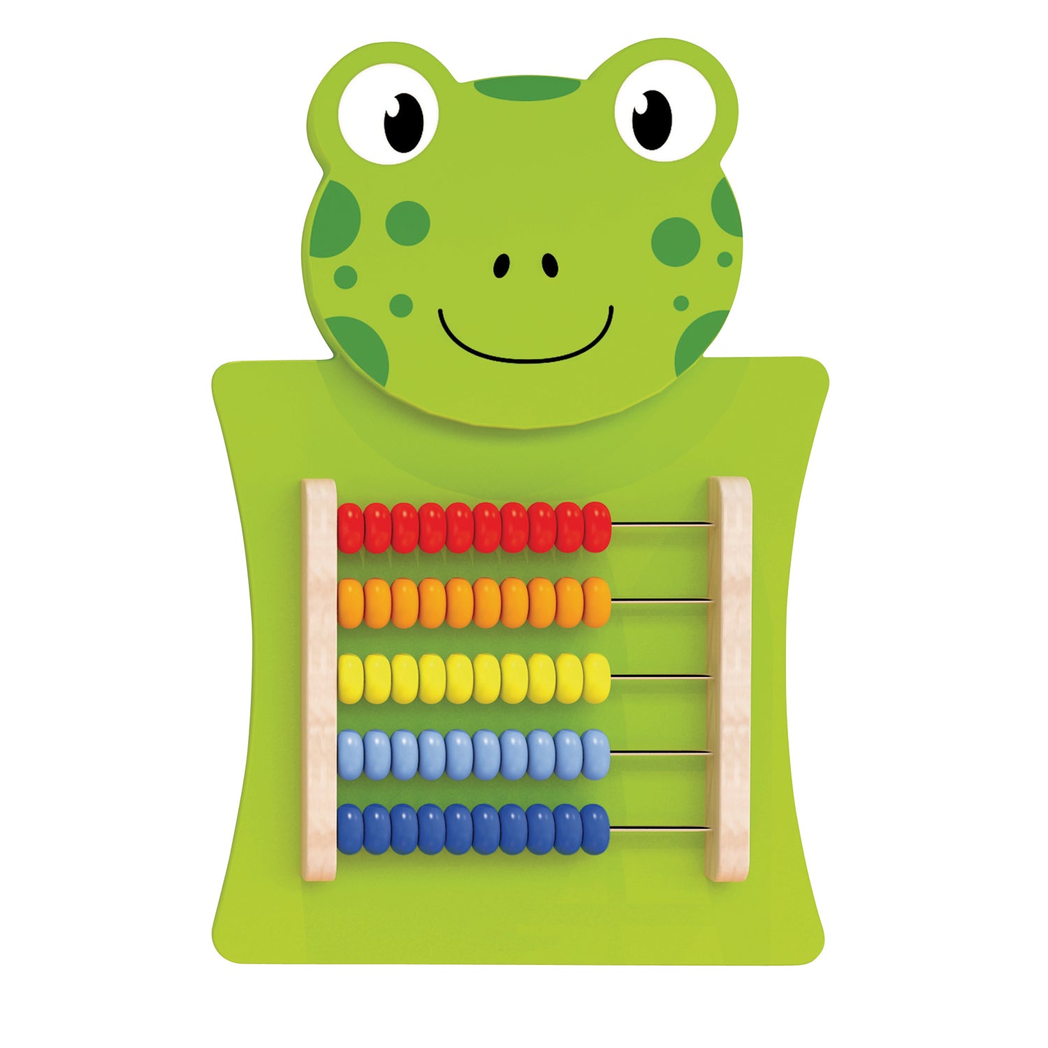 Green frog activity wall panel with large eyes and smile, featuring five rows of colorful counting beads in red, orange, yellow, light blue, and dark blue on wo