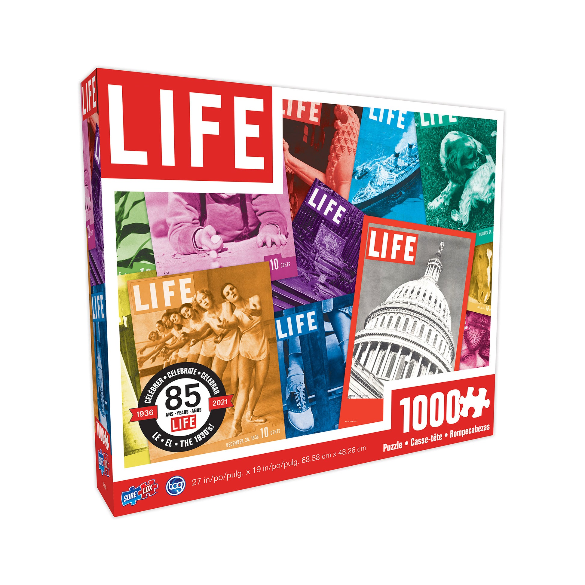 Life Brand 85th Anniversary 1000-piece jigsaw puzzle box featuring colorful vintage Life magazine covers and the 1936-2021 anniversary seal