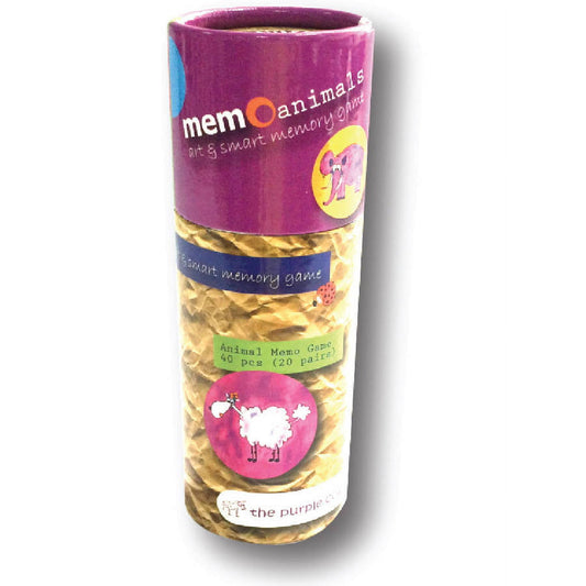 Memo Animals tubular memory game in purple and gold packaging, 40 pieces (20 pairs), featuring animal designs including a sheep