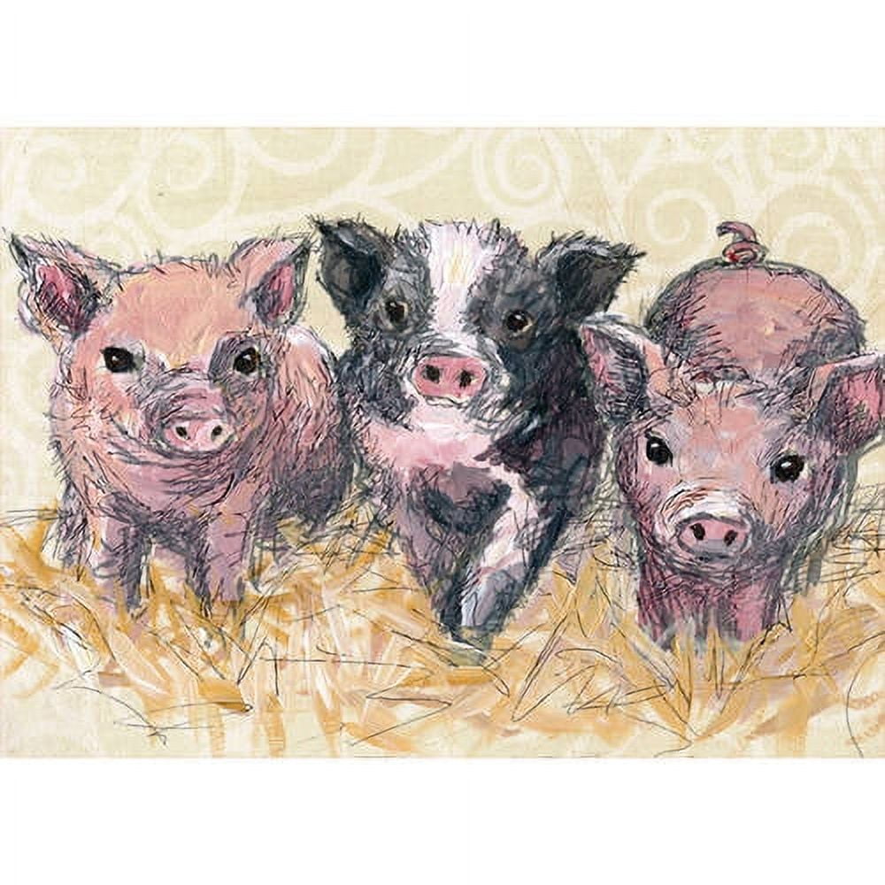 Illustration of three piglets and one black-and-white cow standing in straw, painted in a whimsical watercolor style on cream background