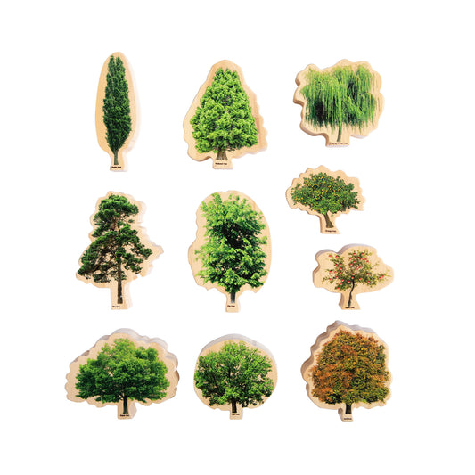 Seasons Wooden Trees set showing nine wooden tree pieces in various shapes and colors, from green spring and summer trees to orange and brown autumn trees