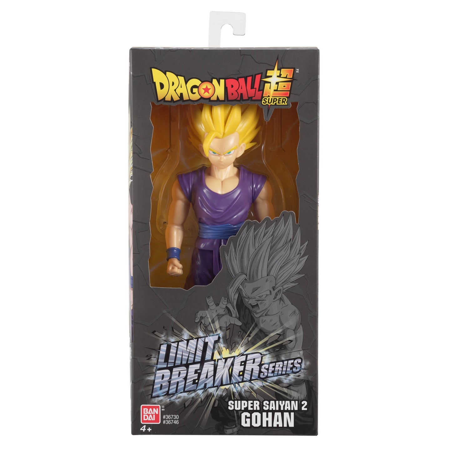 Dragon Ball Super Saiyan 2 Gohan action figure with spiky blonde hair, blue eyes, and purple gi outfit in Limit Breaker Series packaging