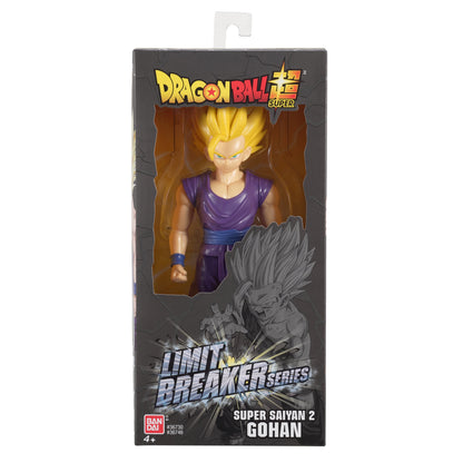 Dragon Ball Super Saiyan 2 Gohan action figure with spiky blonde hair, blue eyes, and purple gi outfit in Limit Breaker Series packaging
