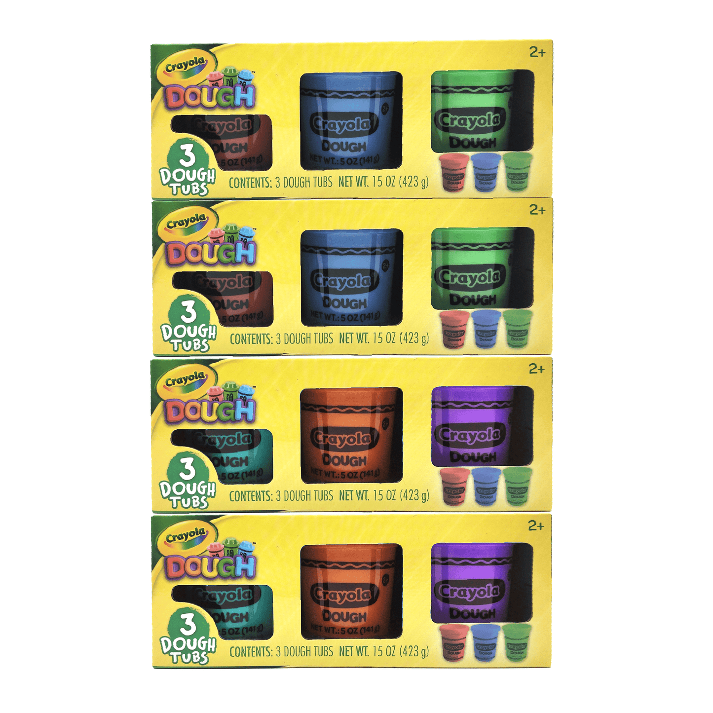 Four boxes of Crayola Dough, each containing 3 dough tubs in different color combinations: blue and green, blue and green, orange and purple, and orange and pur