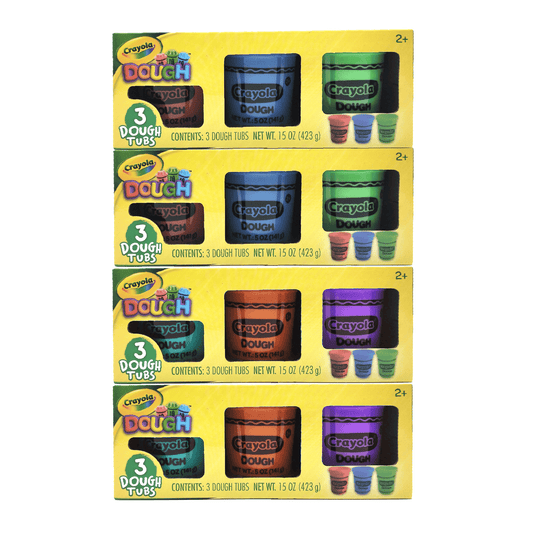 Four boxes of Crayola Dough, each containing 3 dough tubs in different color combinations: blue and green, blue and green, orange and purple, and orange and pur