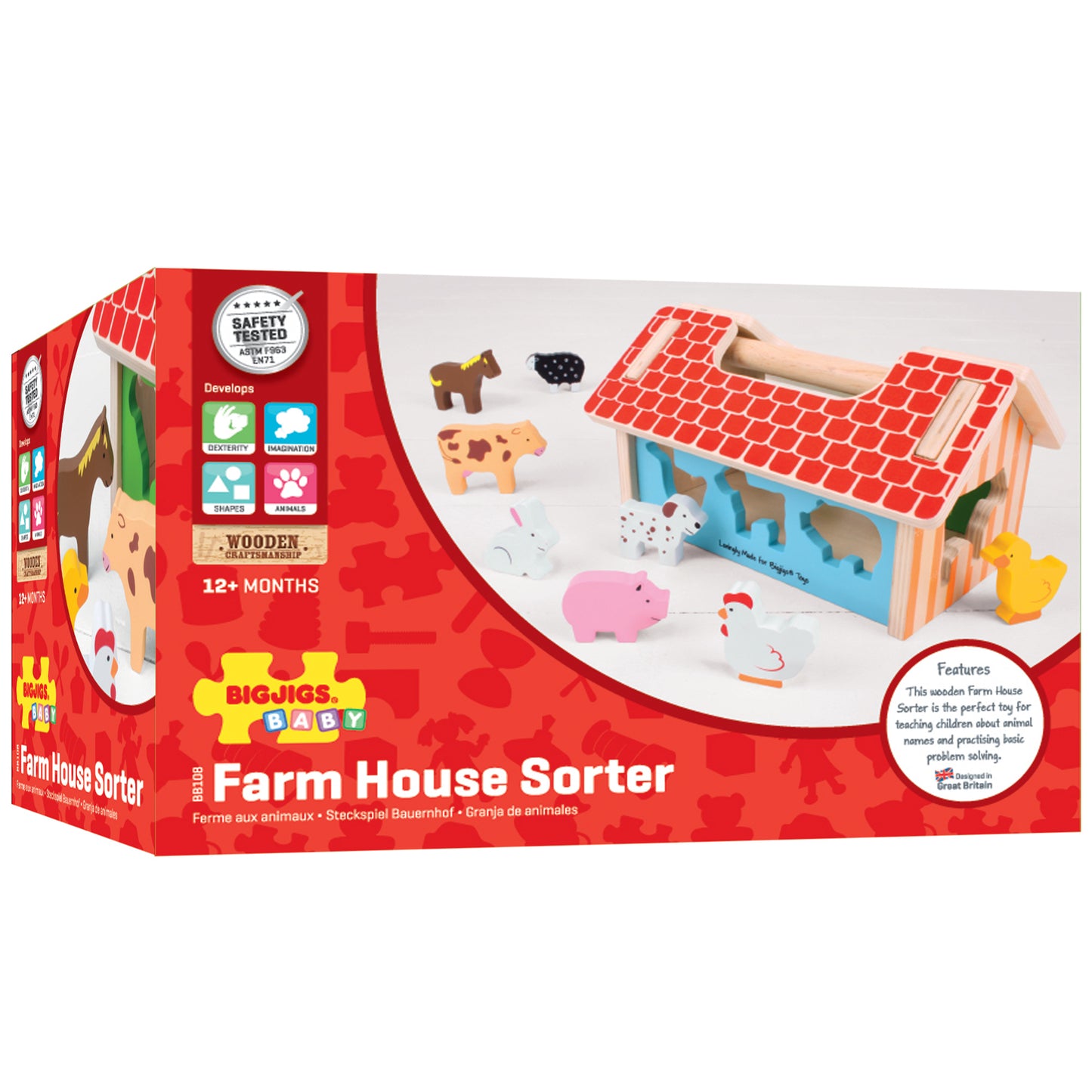 Bigjigs Baby Farm House Sorter wooden toy with red-roofed barn, wooden farm animals, and shape-sorting pieces displayed with packaging
