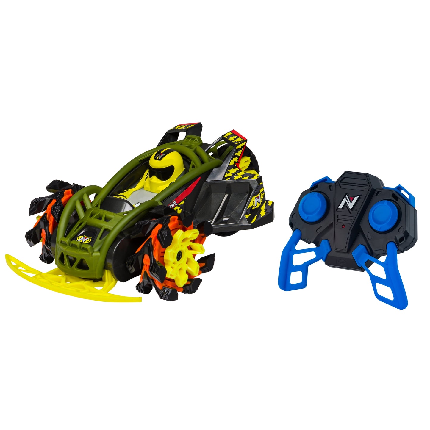 Nikko RC Nano Rock CrushR Techno Green remote-controlled car with yellow treads and blue controller on plain background